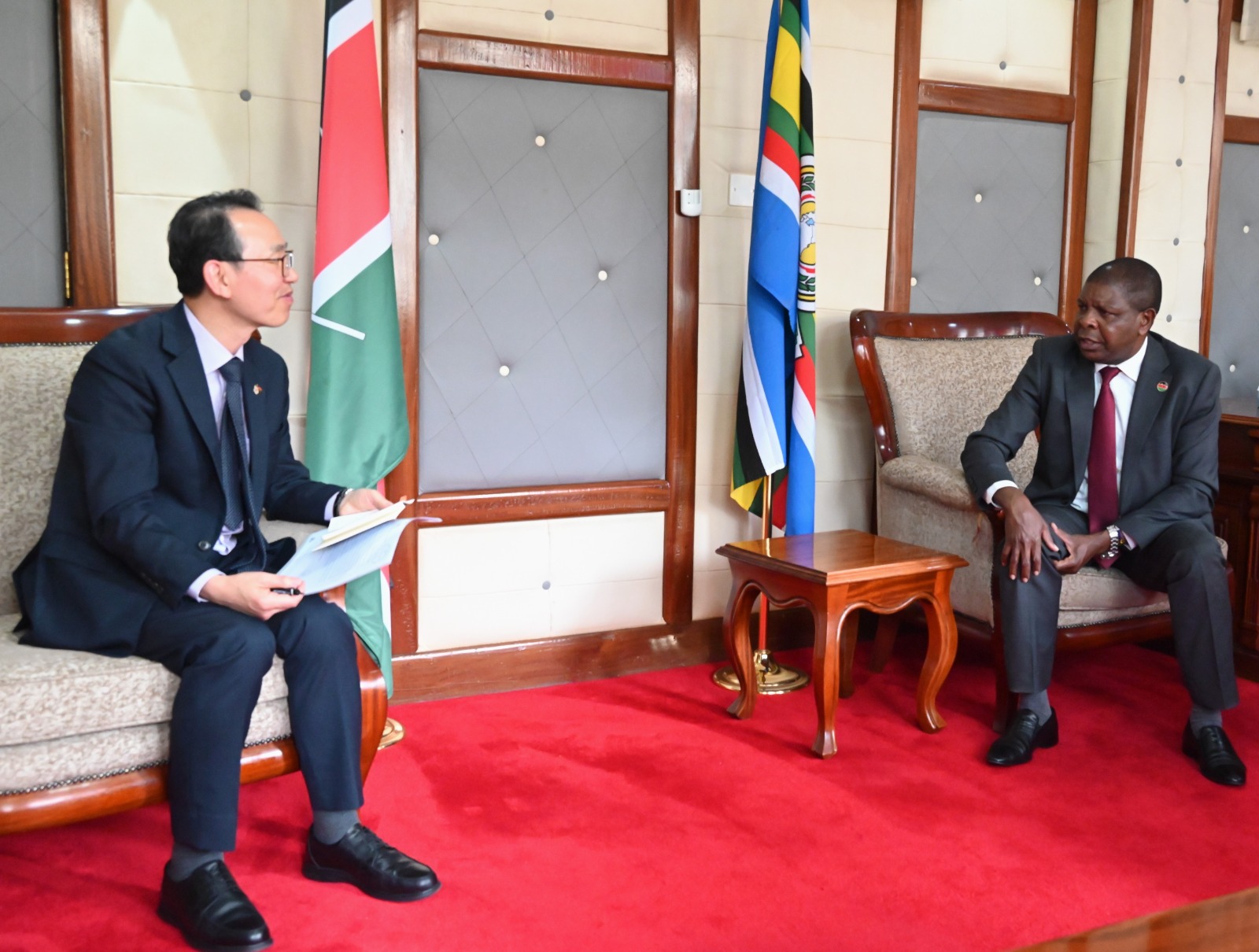 The Director-General for Political and Diplomatic Affairs Amb. Josephat K. Maikara with the Korean Ambassador to Kenya, H.E. Kang Hyung-shik