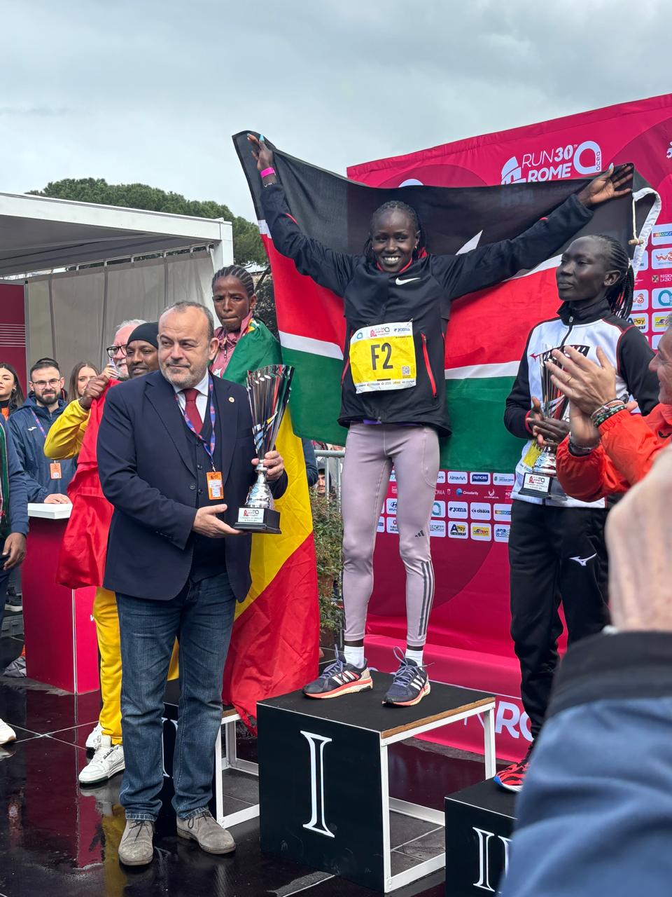Robert Ng'eno, Brian Kipsang, and Joshua Kogo, toke the podium at the Rome Marathon. respectively