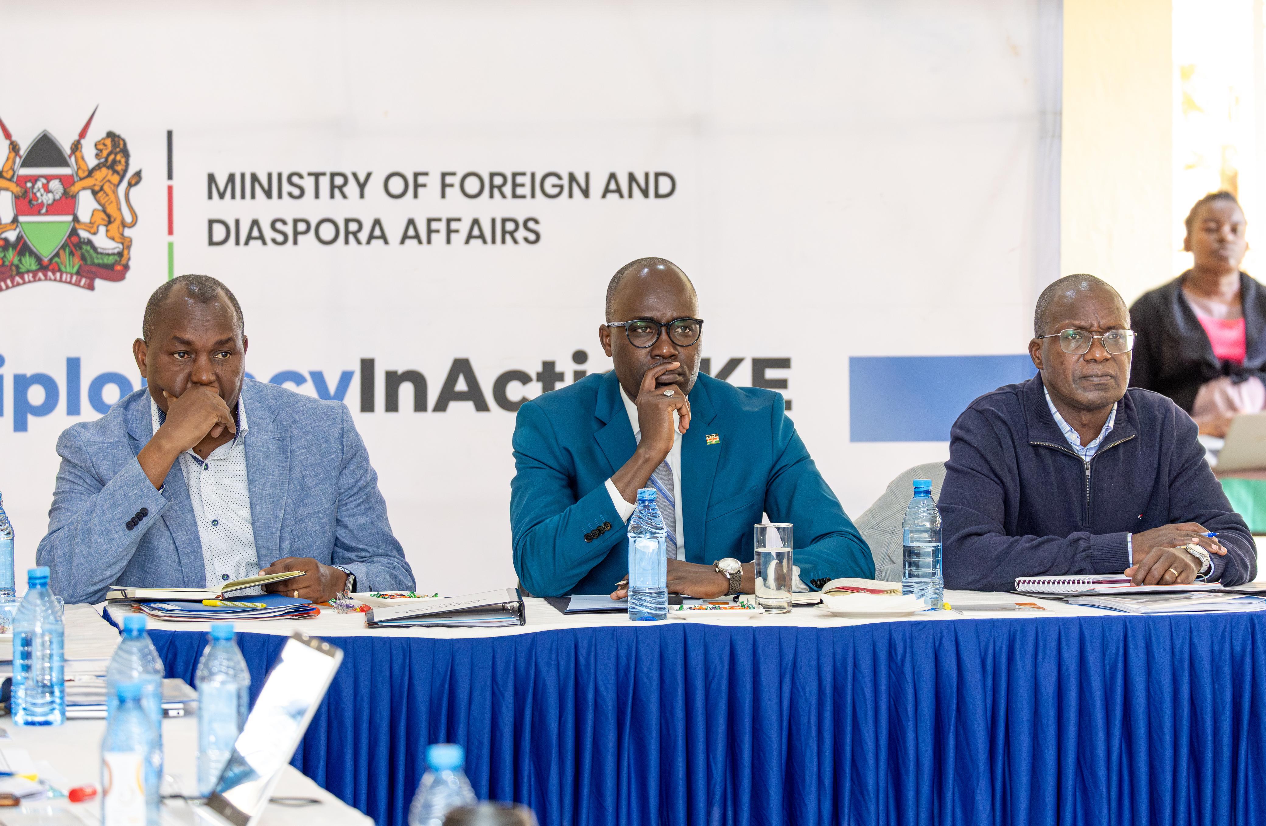 Principal Secretary Dr. Korir SingOei, Amb. Michael Kiboino and Amb. Joseph Masila during the Strategic Reflective Retreat