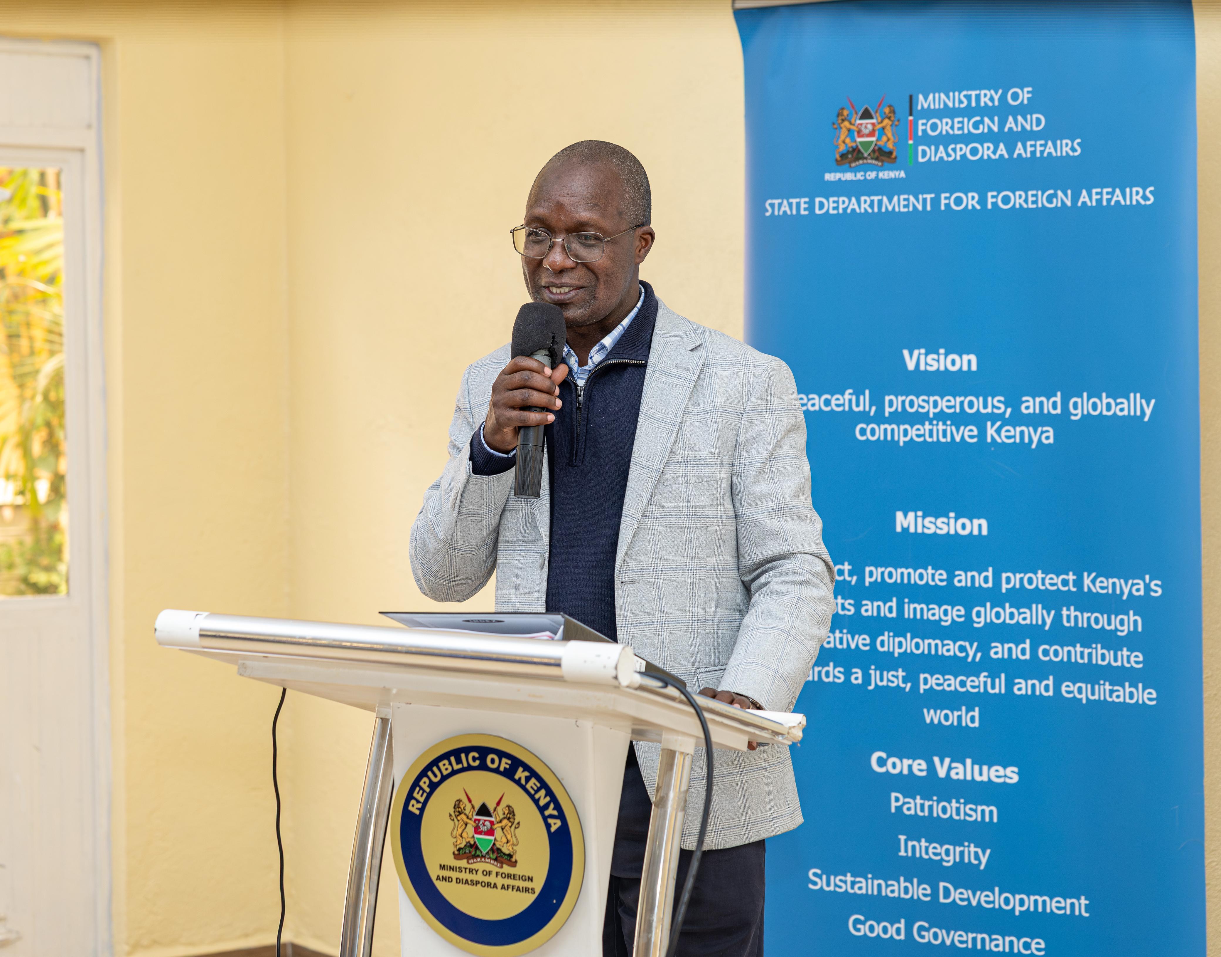 Amb. Michael Kiboino makes his remarks during the Strategic Reflective Retreat