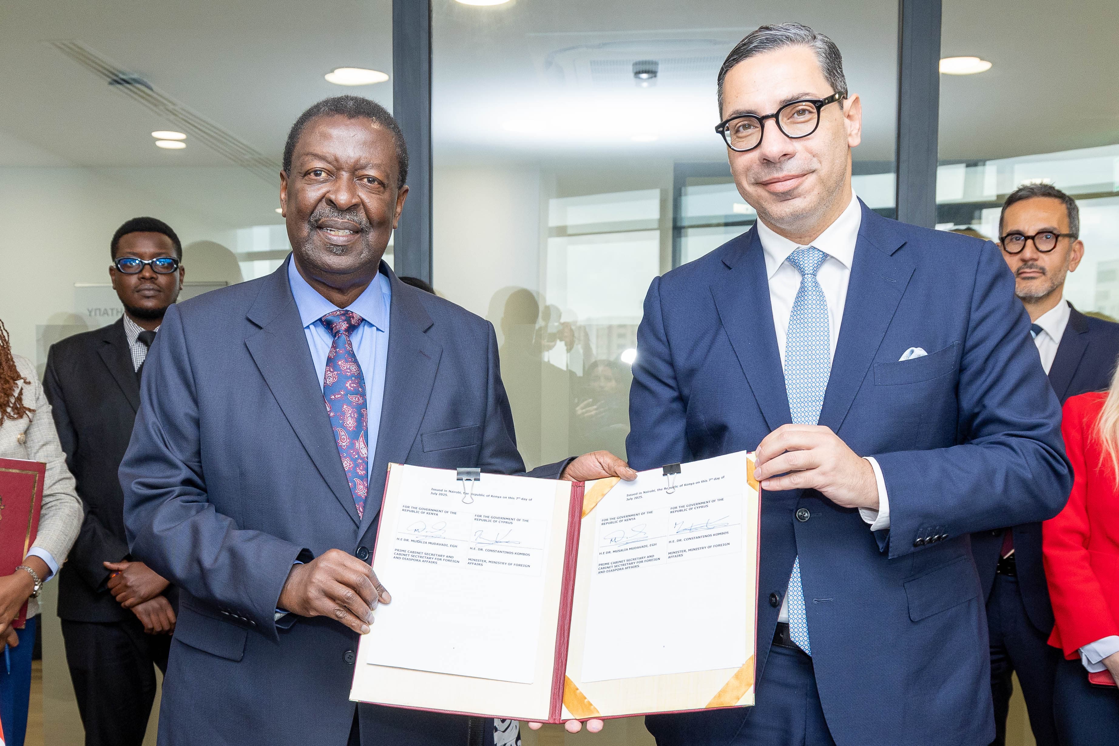 PCS Mudavadi and H.E. Dr. Constantinos Kombos, the Foreign Affairs Minister of the Republic of Cyprus showcase the signed MoU on Political Consultations