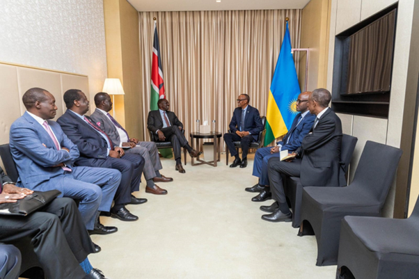 President H.E Dr.  William Ruto at a high-level meeting with Rwanda President H.E Paul Kagame in Beijing, China. President Ruto was accompanied by PCS/PS H.E. Dr. Musalia Mudavadi and Rt. Hon. Raila Odinga, among others.